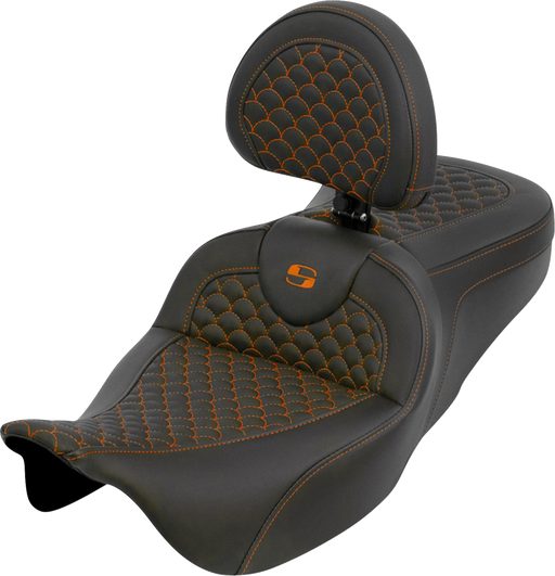 SADDLEMEN Roadsofa™ Seat - Dragon Scale - Orange Stitch - with Backrest - Touring '08-'25 808-07B-208B3