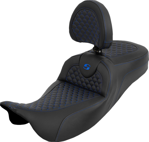 SADDLEMEN Extended Reach Roadsofa™ Seat - Dragon Scale - Blue Stitch - with Backrest - Touring '08-'25 808-07B-209B1
