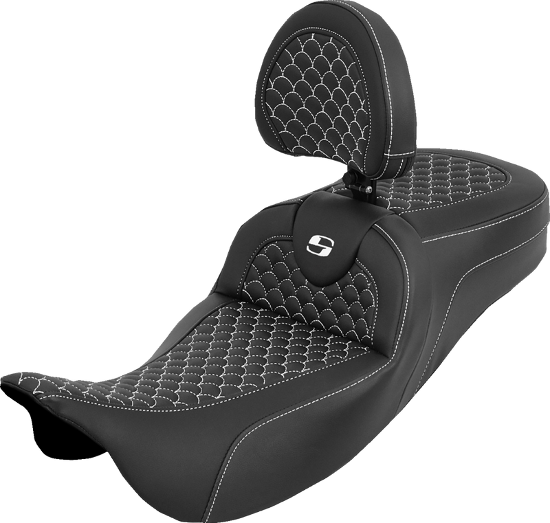 SADDLEMEN Extended Reach Roadsofa™ Seat - Dragon Scale - White Stitch - with Backrest - Touring '08-'25 808-07B-209B6