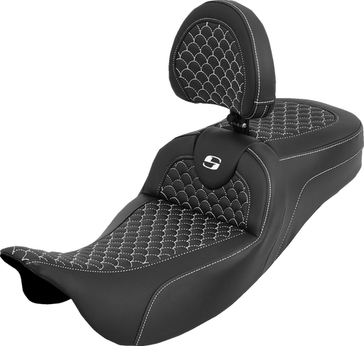 SADDLEMEN Extended Reach Roadsofa™ Seat - Dragon Scale - White Stitch - with Backrest - Touring '08-'25 808-07B-209B6