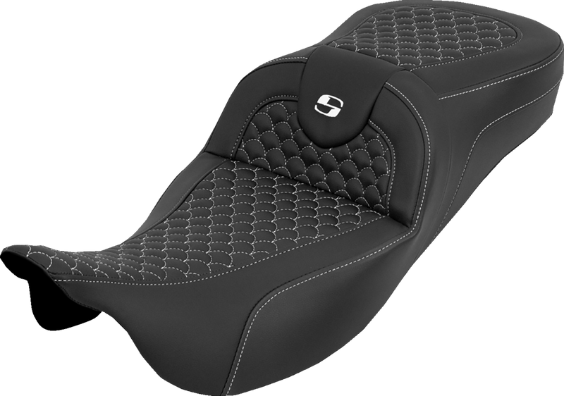 SADDLEMEN Extended Reach RoadSofa™ Seat - Dragon Scale - w/o Backrest - White Stitch - FLH/FLT '08-'25 808-07B-20906