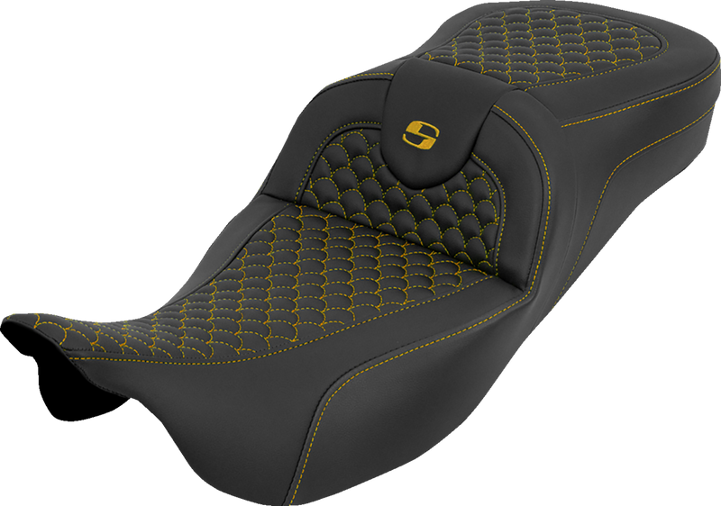 SADDLEMEN Extended Reach RoadSofa™ Seat - Dragon Scale - w/o Backrest - Gold Stitch - FLH/FLT '08-'25 808-07B-20907