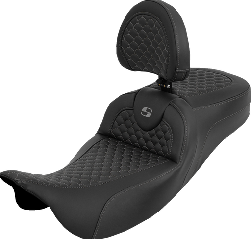 SADDLEMEN Extended Reach Roadsofa™ Seat - Dragon Scale - Gray Stitch - with Backrest - Touring '08-'25 808-07B-209B2