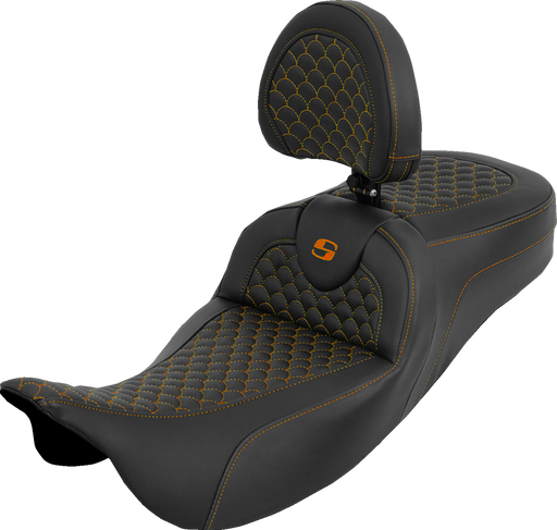 SADDLEMEN Extended Reach Roadsofa™ Seat - Dragon Scale - Orange Stitch - with Backrest - Touring '08-'25 808-07B-209B3