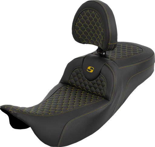 SADDLEMEN Extended Reach Roadsofa™ Seat - Dragon Scale - Gold Stitch - with Backrest - Touring '08-'25 808-07B-209B7
