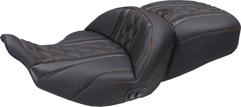 MUSTANG Heated Super Touring One Piece 2-Up Seat - Deluxe Diamond - Mandarin Orange Stitch - FLT/FLH '23-'25 89410MO