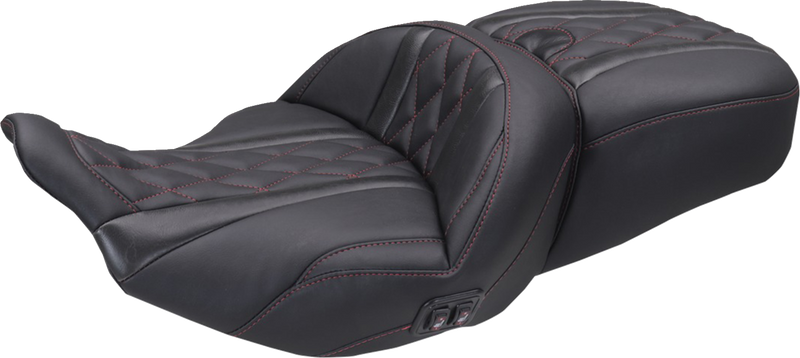 MUSTANG Heated Super Touring One Piece 2-Up Seat - Deluxe Diamond - Dark Cherry Stitch - FLT/FLH '23-'25 89410DC