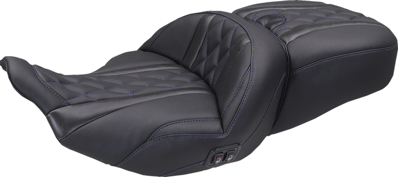 MUSTANG Heated Super Touring One Piece 2-Up Seat - Deluxe Diamond - Sky Blue Stitch - FLT/FLH '23-'25 89410SB