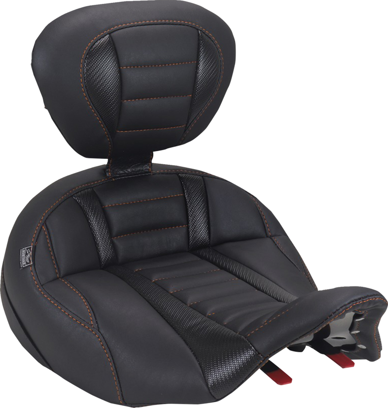 MUSTANG Deluxe Touring Solo Seat - with Driver's Backrest - Mandarin Orange Stitch - FLH/FLT '23-'25 89406MO