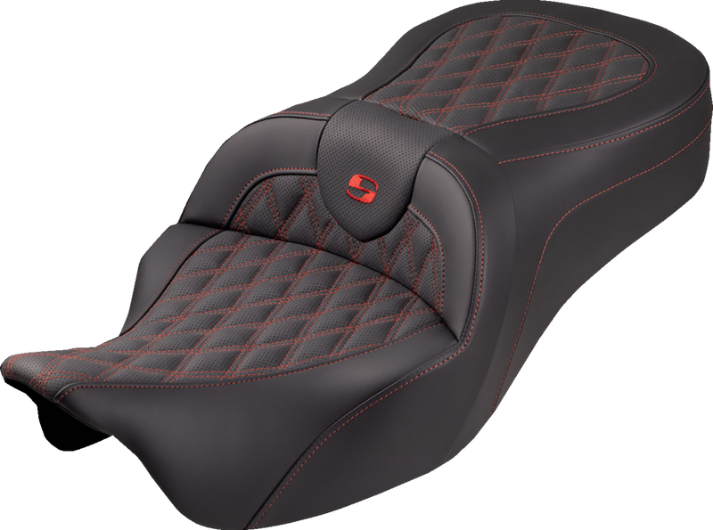 SADDLEMEN Roadsofa™ King Seat - No Backrest - Lattice Stitch - Red Stitch - FLH/FLT '08-'25 808-07B-182S04