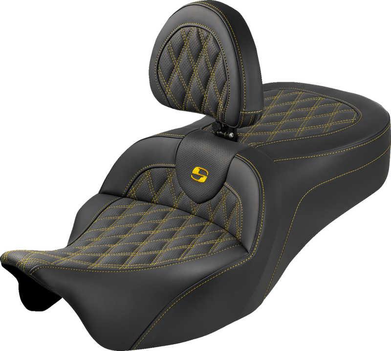 SADDLEMEN Roadsofa™ King Seat - With Backrest - Lattice Stitch - Gold Stitch - FLH/FLT '08-'25 808-07B-182SB7
