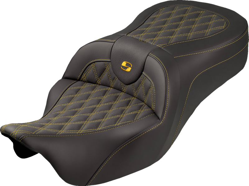SADDLEMEN Roadsofa™ King Seat - No Backrest - Lattice Stitch - Gold Stitch - FLH/FLT '08-'25 808-07B-182S07