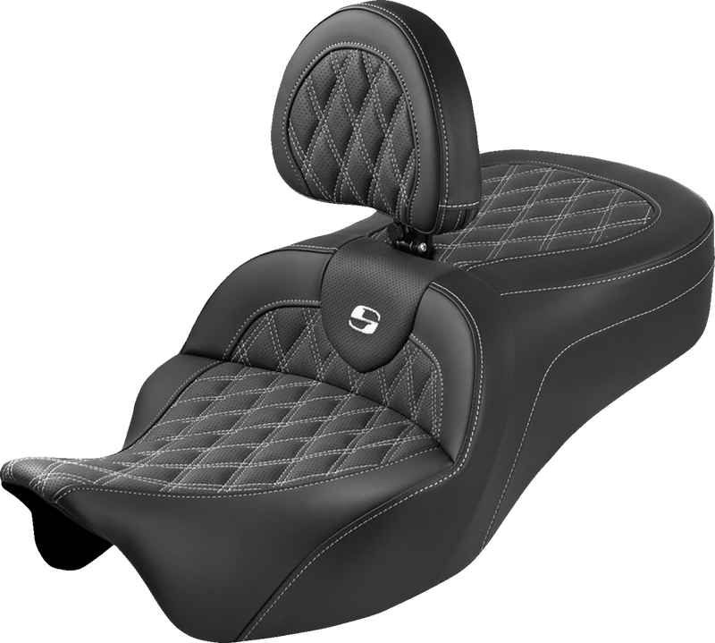 SADDLEMEN Roadsofa™ King Seat - With Backrest - Lattice Stitch - White Stitch - FLH/FLT '08-'25 808-07B-182SB6