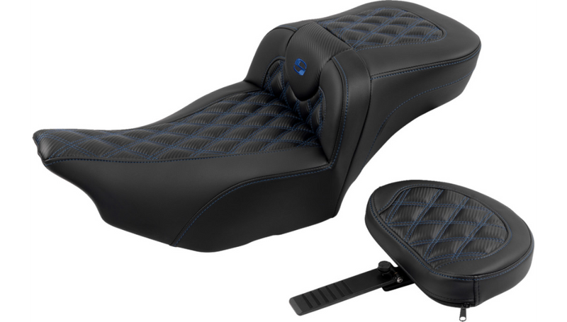 SADDLEMEN Roadsofa Extended Reach Seat - with Backrest - Lattice Stitch - Blue Stitch - FLTR/FLHX '23-'25 - 823-07-207B1