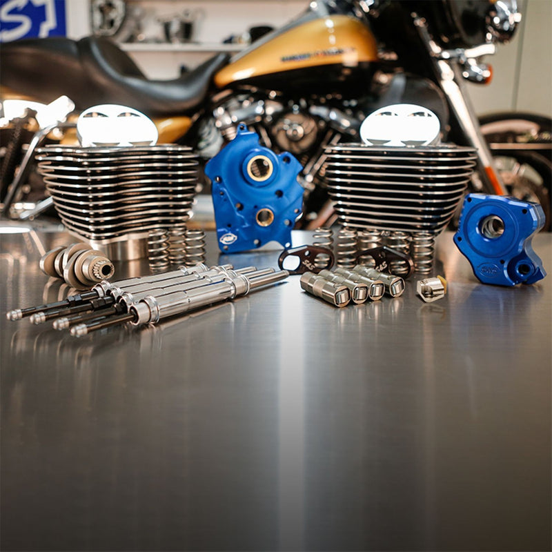 S&S CYCLE Power Package - 128 CI Oil Cooled, Chain Drive, w/ Highlighted Fins and Chrome Pushrod Tubes, Black Granite, 2017-up M8 114" Models - 310-1109B