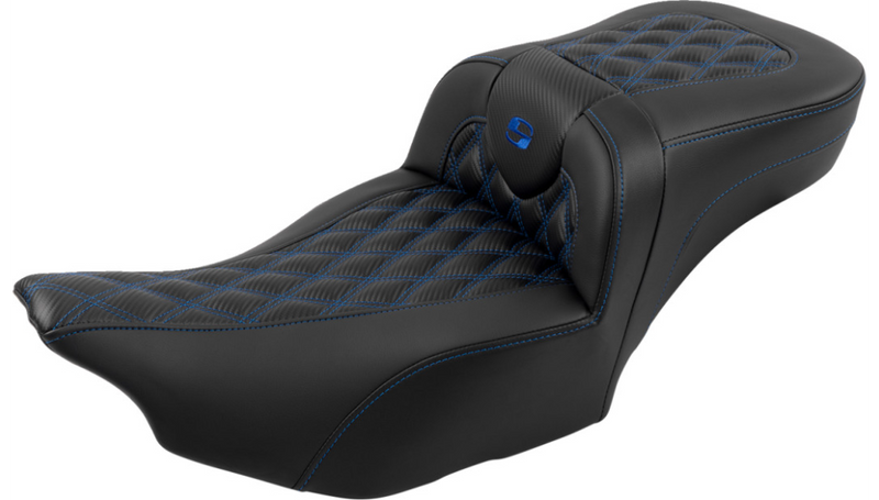 SADDLEMEN Roadsofa Extended Reach Seat - with Backrest - Lattice Stitch - Blue Stitch - FLTR/FLHX '23-'25 - 823-07-207B1