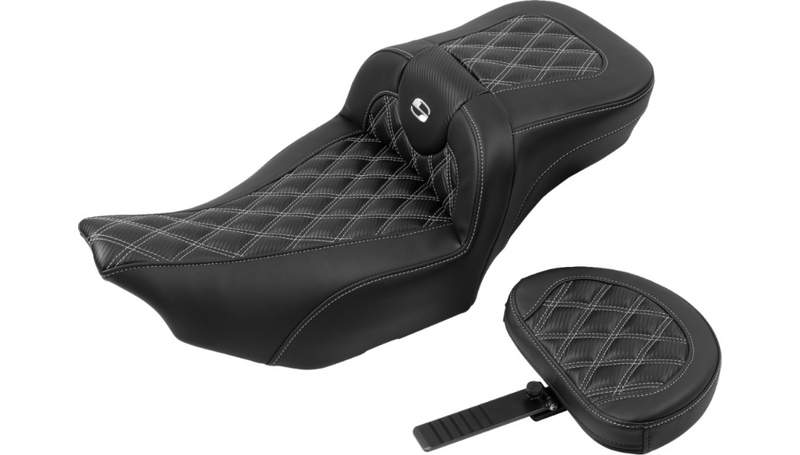 SADDLEMEN Roadsofa Extended Reach Seat - with Backrest - Lattice Stitch - Silver Stitch - FLTR/FLHX '23-'25 - 823-07-207B5