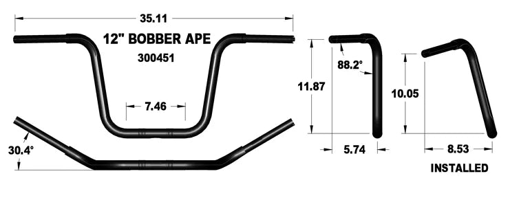 KHROME WERKS Handlebar - Ape Hanger - 12" - Black - Harley-Davidson '07-'18 - 300451