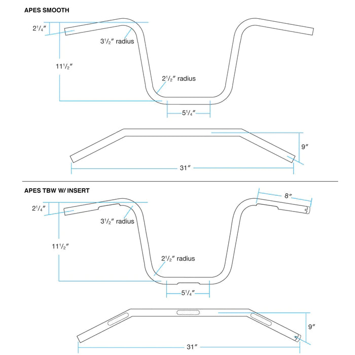 BILTWELL Handlebar - Ape Hanger - 12" - Chrome - Smooth - 6004-1052