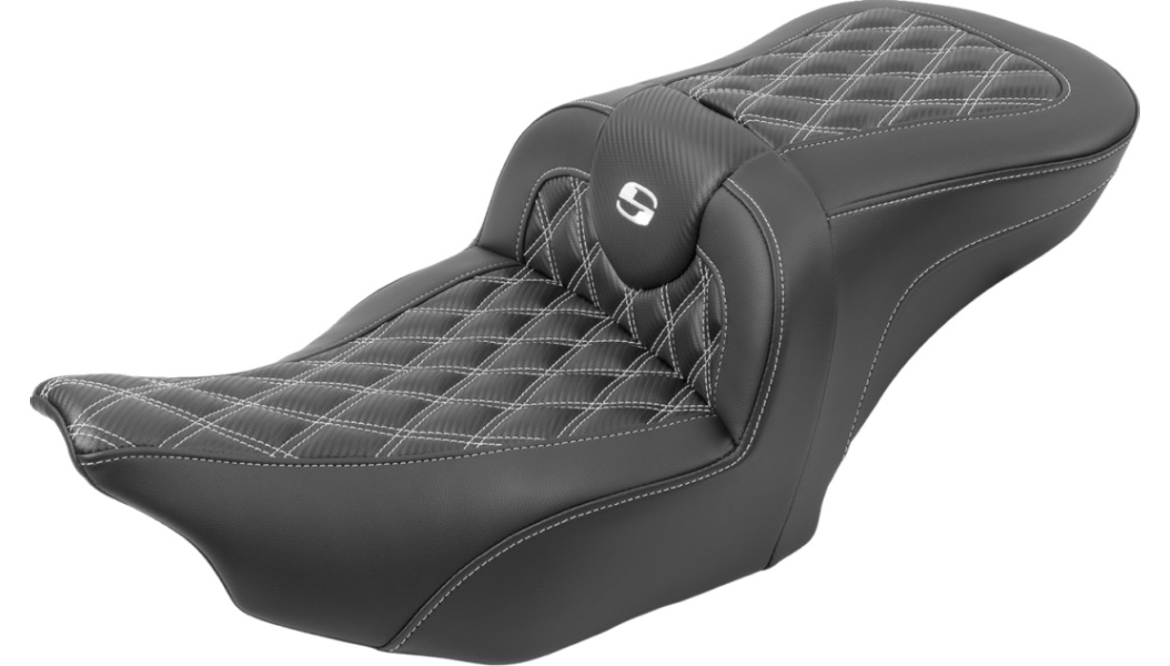 SADDLEMEN RoadSofa Seat - with Backrest - Carbon Fiber - Lattice Stitch - White Stitch - FLTR/FLHX '23-'24 - 823-07-206B6 - PartsOutlet.com.au