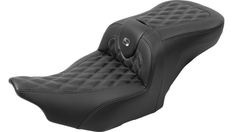 SADDLEMEN RoadSofa Seat - with Backrest - Carbon Fiber - Lattice Stitch - Gray Stitch - FLTR/FLHX '23-'25 - 823-07-206B2