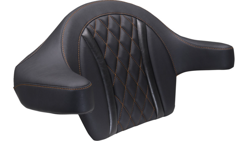 MUSTANG Deluxe Extended Arm Wrap-around Backrest - Diamond - Mandarin Orange Stitch - FLT/FLH '23-'25 - 88430MO