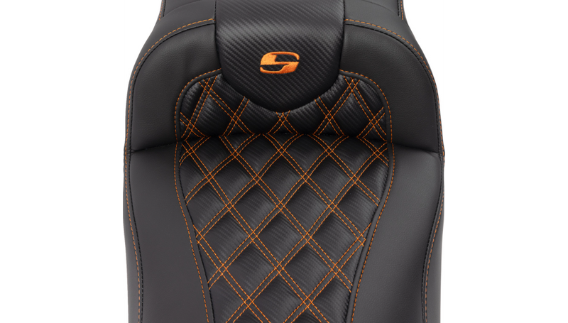 SADDLEMEN Roadsofa Extended Reach Seat - with Backrest - Lattice Stitch - Orange Stitch - FLTR/FLHX '23-'25 - 823-07-207B3
