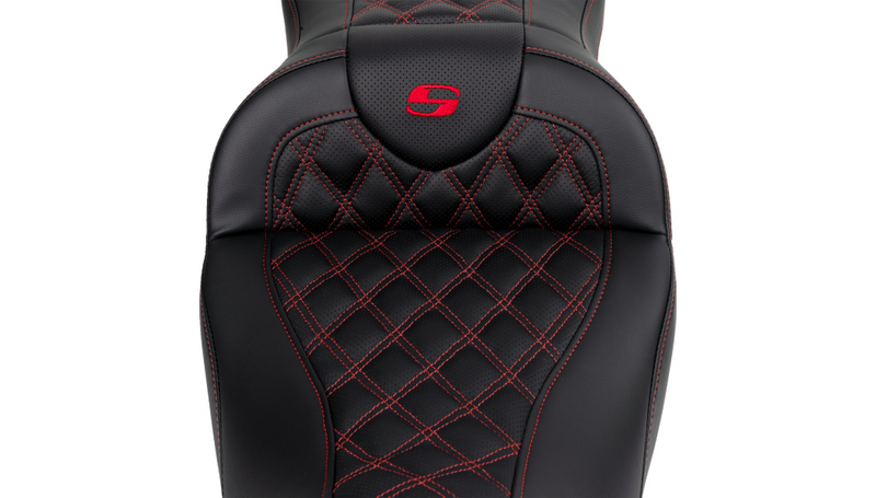 SADDLEMEN Roadsofa Seat - with Backrest - Red Stitch - FL '08-'23 A808-07R-182RED - PartsOutlet.com.au