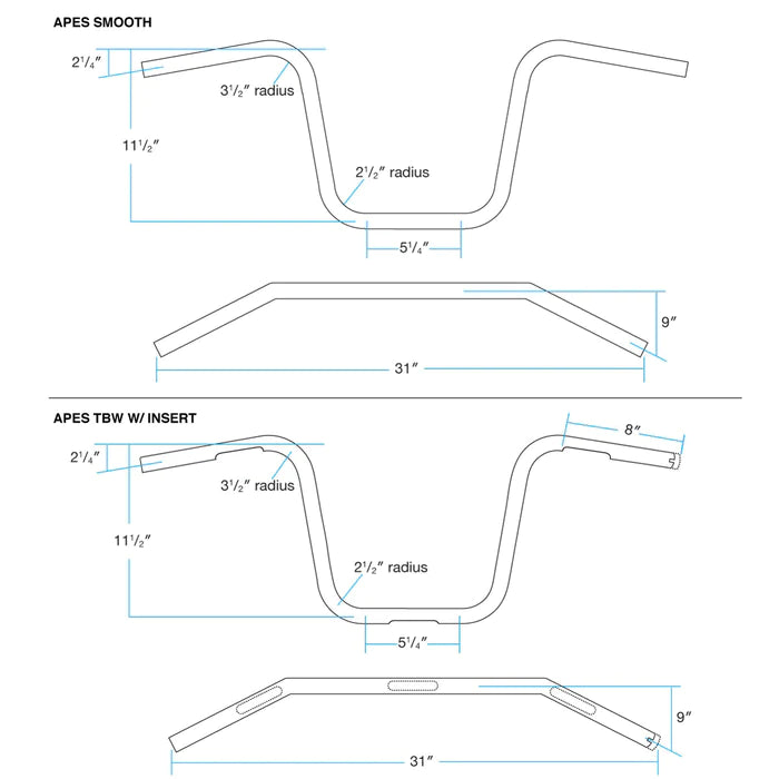 BILTWELL Handlebar - Ape Hanger - TBW - Black - TBW W/ INSERT - 6004-2017 - PartsOutlet.com.au