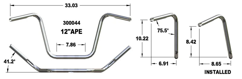 KHROME WERKS Handlebar - Ape Hanger - 12" - TBW - Chrome - Harley-Davidson '82-'22 - 300044