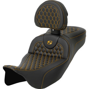 SADDLEMEN RoadSofa Seat - Honeycomb - Gold Stitch - with Backrest - Extended Reach - FLH/FLT '08-'25 - 808-07B-190B7