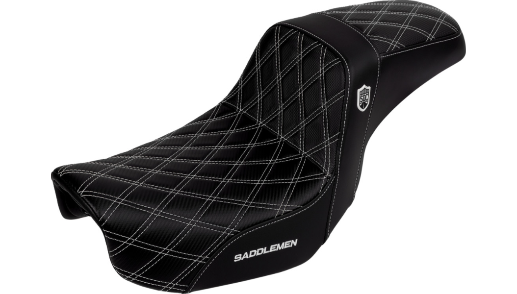 SADDLEMEN Pro Series SDC Performance Seat - Carbon Fiber/Lumbar Gripper - White Stitch - Dyna '06-'17 - SC80604WHI - PartsOutlet.com.au