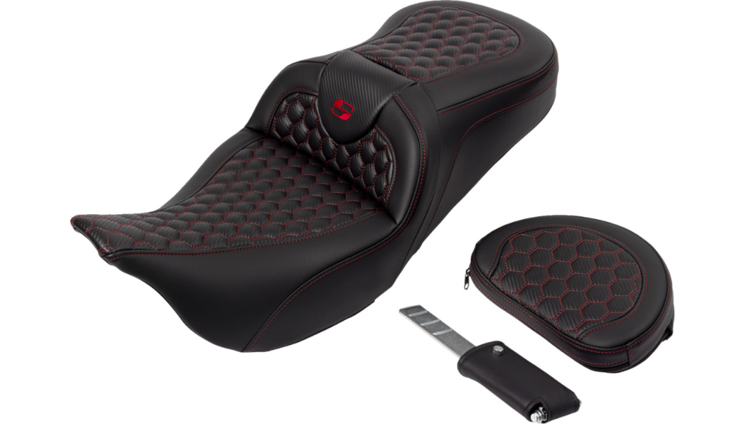 SADDLEMEN RoadSofa Seat - Honeycomb - Red Stitch - with Backrest - FLH/FLT '08-'23 A808-07R-189RED - PartsOutlet.com.au