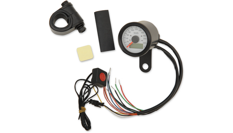 DRAG SPECIALTIES 1-7/8" Programmable Speedometer with Indicator Lights - Gloss Black - Harley-Davidson '86-'03 - 220 KPH LED White Face - 77902KW