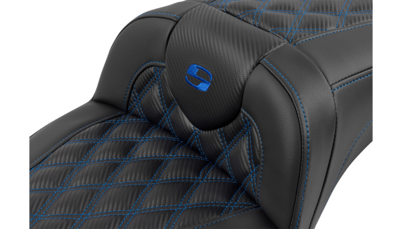 SADDLEMEN Roadsofa Extended Reach Seat - with Backrest - Lattice Stitch - Blue Stitch - FLTR/FLHX '23-'25 - 823-07-207B1