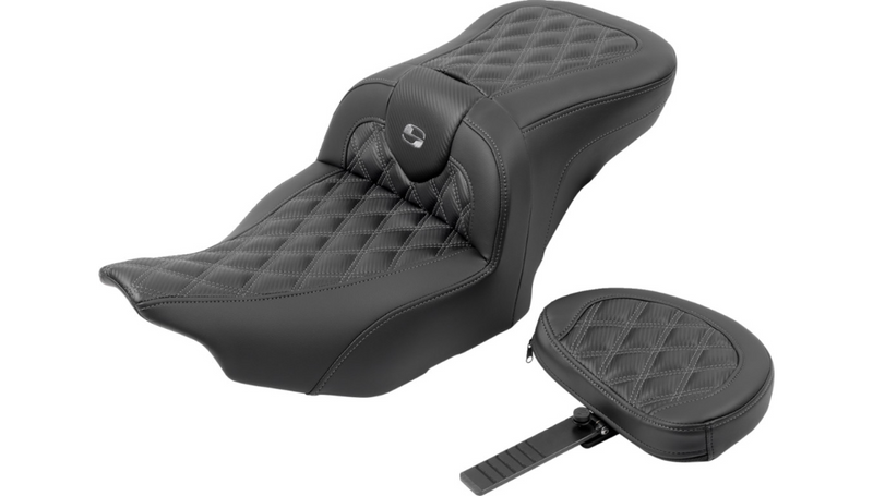 SADDLEMEN RoadSofa Seat - with Backrest - Carbon Fiber - Lattice Stitch - Gray Stitch - FLTR/FLHX '23-'25 - 823-07-206B2