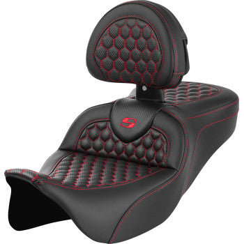 SADDLEMEN RoadSofa Seat - Honeycomb - Red Stitch - with Backrest - FLH/FLT '08-'23 A808-07R-189RED - PartsOutlet.com.au