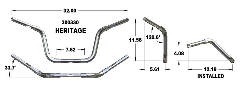 KHROME WERKS Handlebar - Heritage - Chrome 300330 - PartsOutlet.com.au