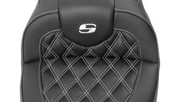 SADDLEMEN RoadSofa Seat - with Backrest - Carbon Fiber - Lattice Stitch - White Stitch - FLTR/FLHX '23-'24 - 823-07-206B6 - PartsOutlet.com.au