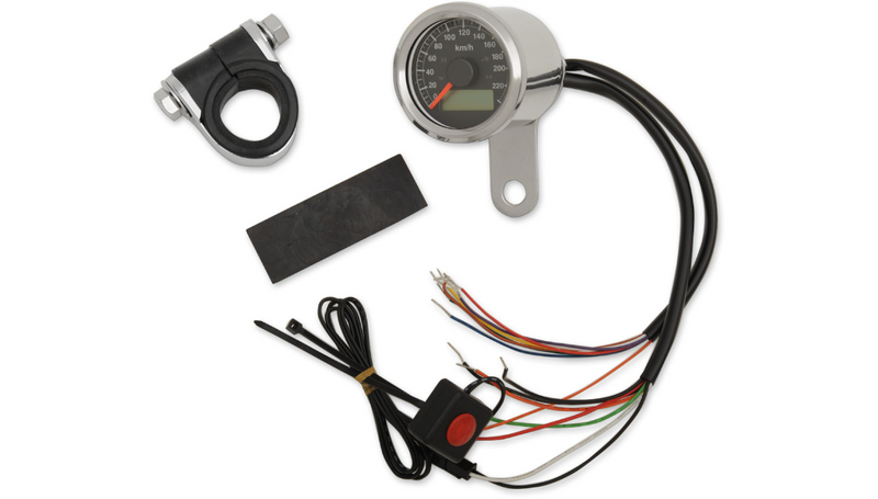 DRAG SPECIALTIES 1-7/8" Programmable Speedometer with Indicator Lights - Stainless Steel - Harley-Davidson '86-'03 - 220 KPH LED Black Face - 77759K