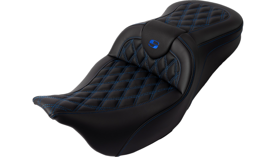 SADDLEMEN Roadsofa Seat - with Backrest - Blue Stitch - FL '08-'23 A808-07R-182BLU - PartsOutlet.com.au