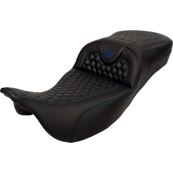 SADDLEMEN RoadSofa Seat - Honeycomb - Blue Stitch - with Backrest - FLH/FLT '08-'23 A808-07R-189BLU - PartsOutlet.com.au