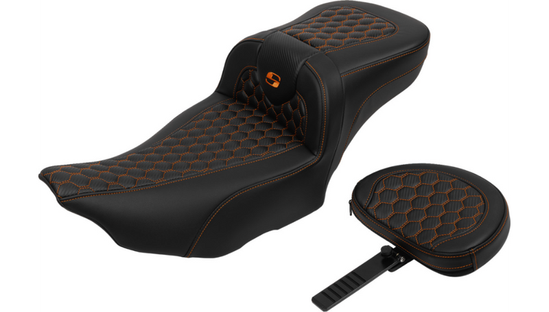 SADDLEMEN Roadsofa Extended Reach Seat - with Backrest - Honeycomb - Orange Stitch - FLTR/FLHX '23-'25 - 823-07-190B3