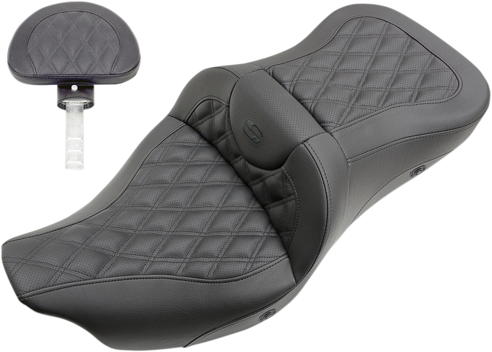 SADDLEMEN Heated Lattice Stitched Road Sofa Seat - With Backrest - FL '08-'23 HD Touring - Street/ Road/ Electra - 808-07B-182BRHC - PartsOutlet.com.au