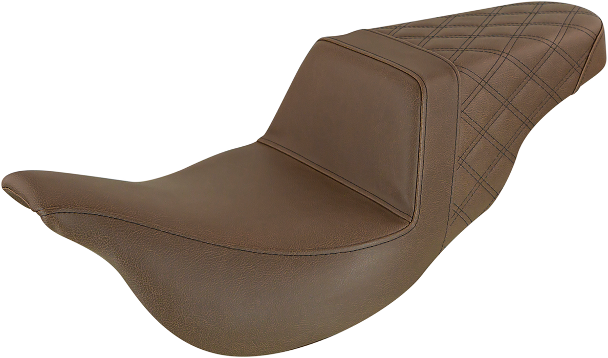 SADDLEMEN Step Up Seat - Extended Reach - Rear Lattice Stitched - Brown - FL '08-'23 HD Touring - Street/ Road/ Electra - 808-07B-173BREX - PartsOutlet.com.au