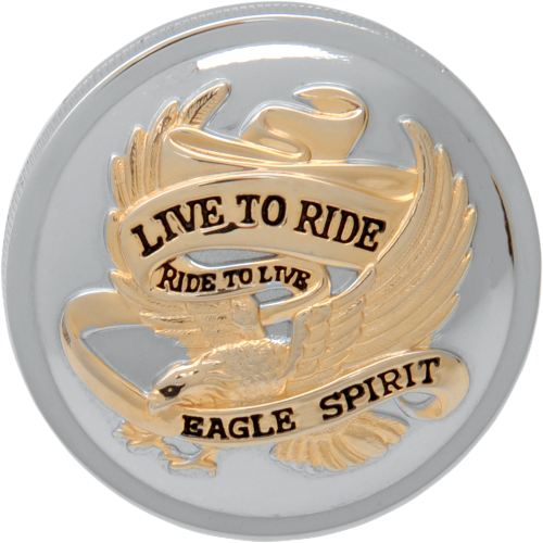 DRAG SPECIALTIES Non-Vented Live To Ride Gas Cap - Harley-Davidson 1982-1996 - Chrome with Gold 72646 - PartsOutlet.com.au