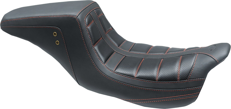 MUSTANG Squareback One-Piece Seat - Tuck and Roll - Black W/American Beauty Red Stitching - Harley-Davidson FL 2008+ 75239AB - PartsOutlet.com.au