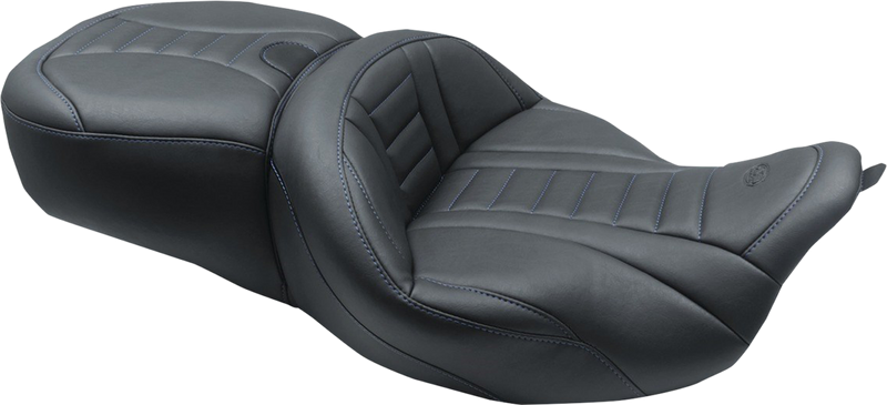 MUSTANG One-Piece Deluxe Touring Seat - Harley-Davidson FL 2008+ - Black W/Sky Blue Stitching 79006SB - PartsOutlet.com.au