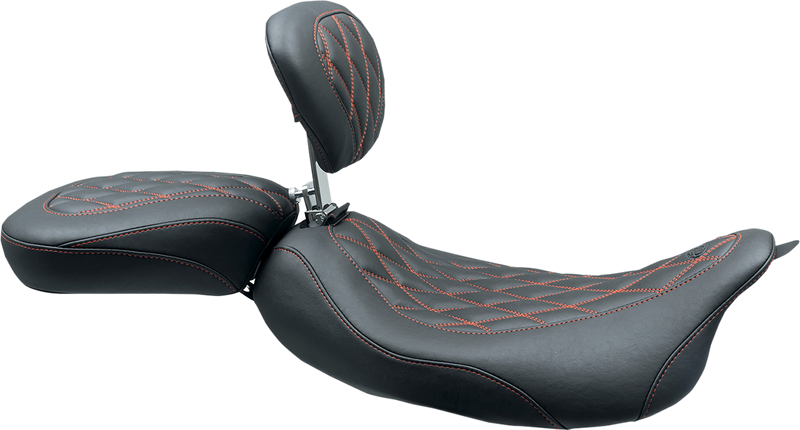 MUSTANG Wide Tripper™ Solo Seat - Harley-Davidson 2008+ FL - W/Drivers Backrest - Black W/American Beauty Red Stitching 79727AB - PartsOutlet.com.au