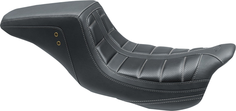 MUSTANG Squareback One-Piece Seat - Tuck and Roll - Black W/Gun Metal Stitching - Harley-Davidson FL 2008+ 75239GM - PartsOutlet.com.au